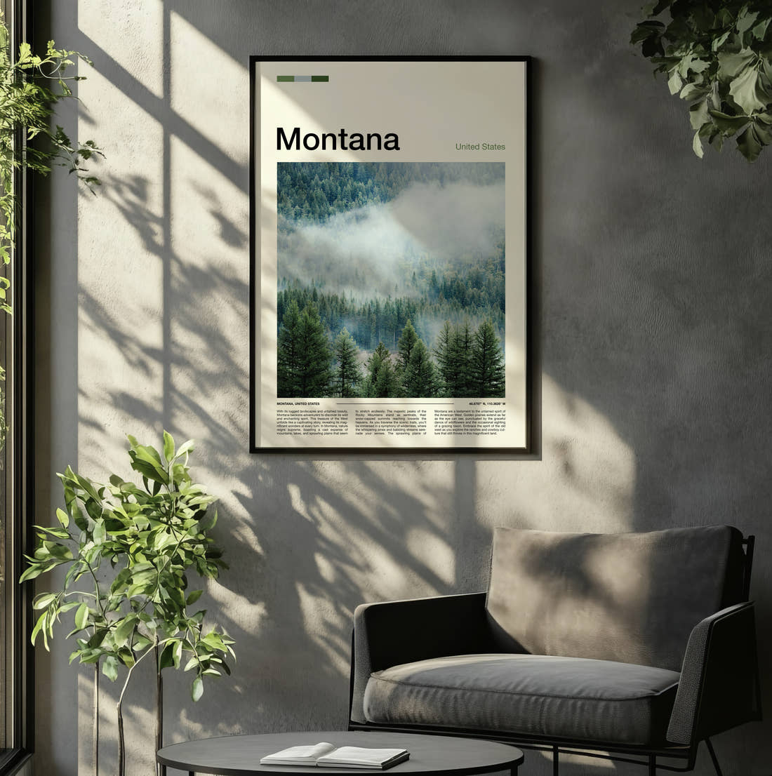 Montana Misty Forest Travel Print framed on the wall of a relaxed living room