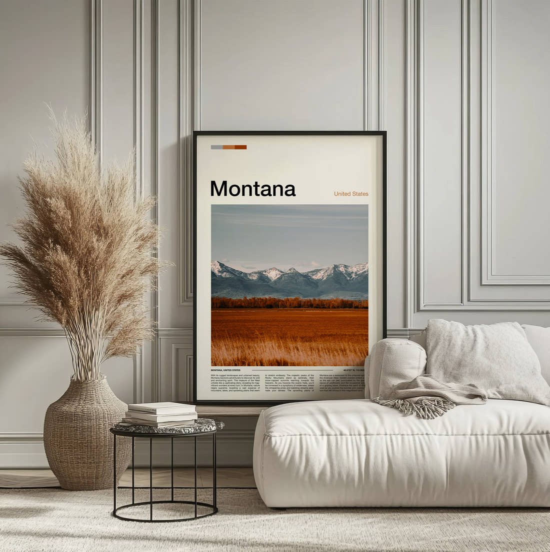 Montana Golden Field And Mountains Travel Print framed on the wall of a calm, neutral bedroom