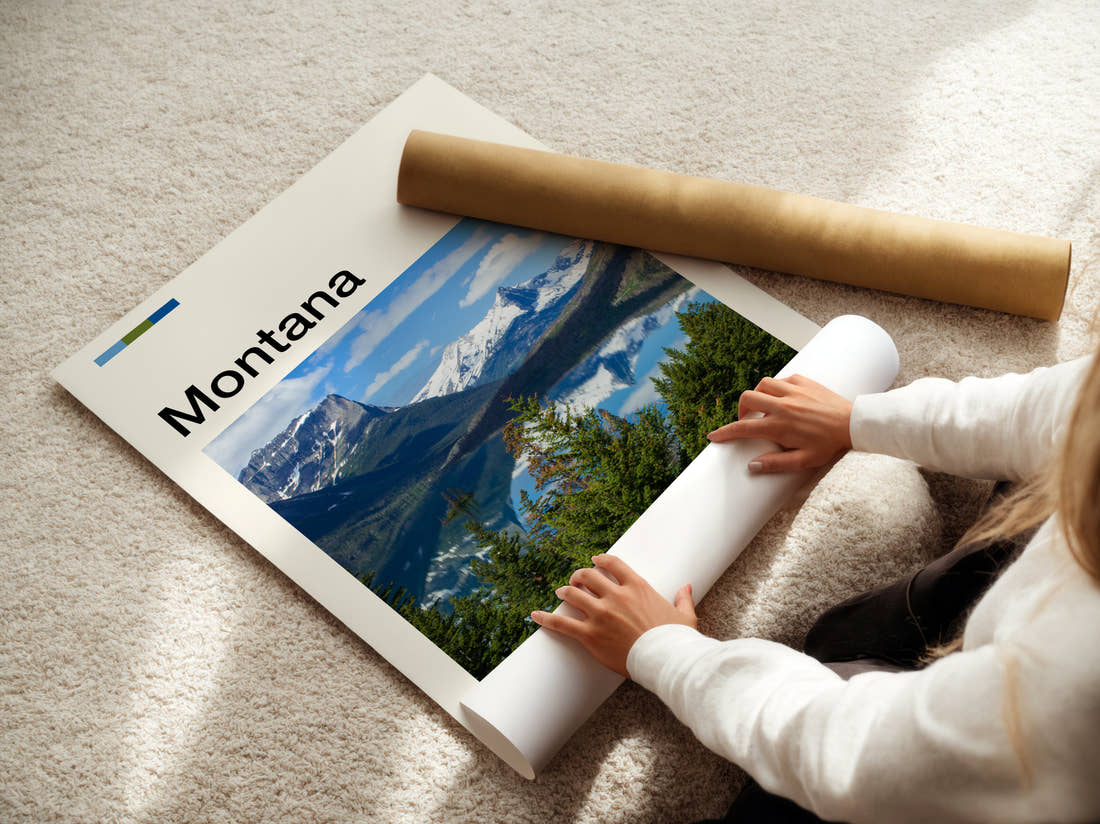 Montana Mountain Lake Reflection Travel Print being unrolled from its postal tube