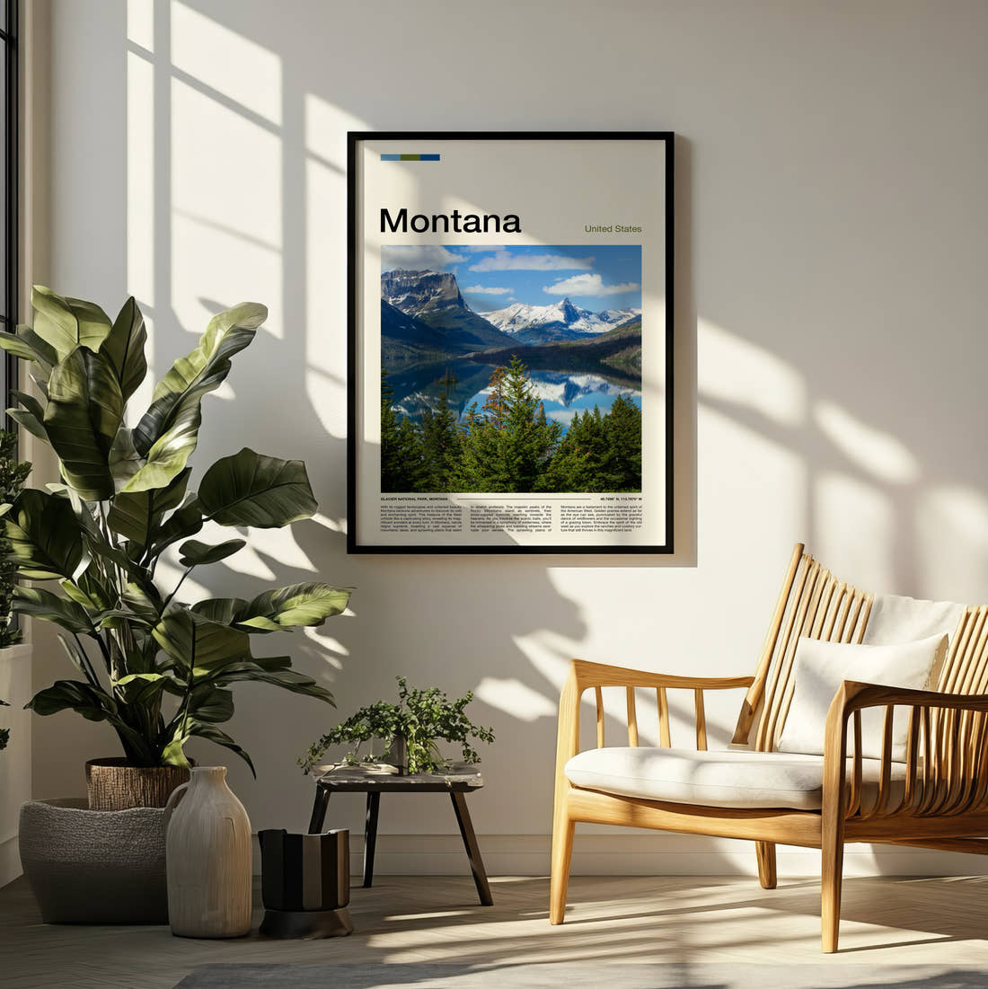 Montana Mountain Lake Reflection Travel Print framed on a pale wall beside houseplants