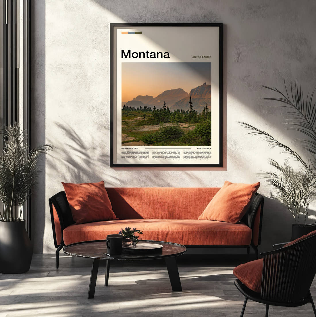 Montana Mountains At Sunset Travel Print framed on the wall of a modern living room