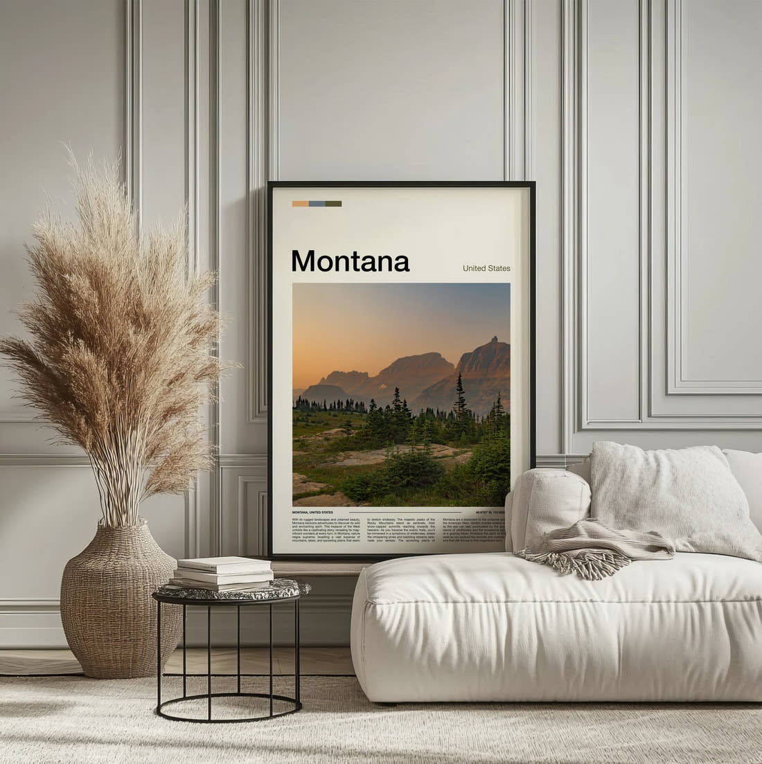 Montana Mountains At Sunset Travel Print framed on the wall of a calm, neutral bedroom