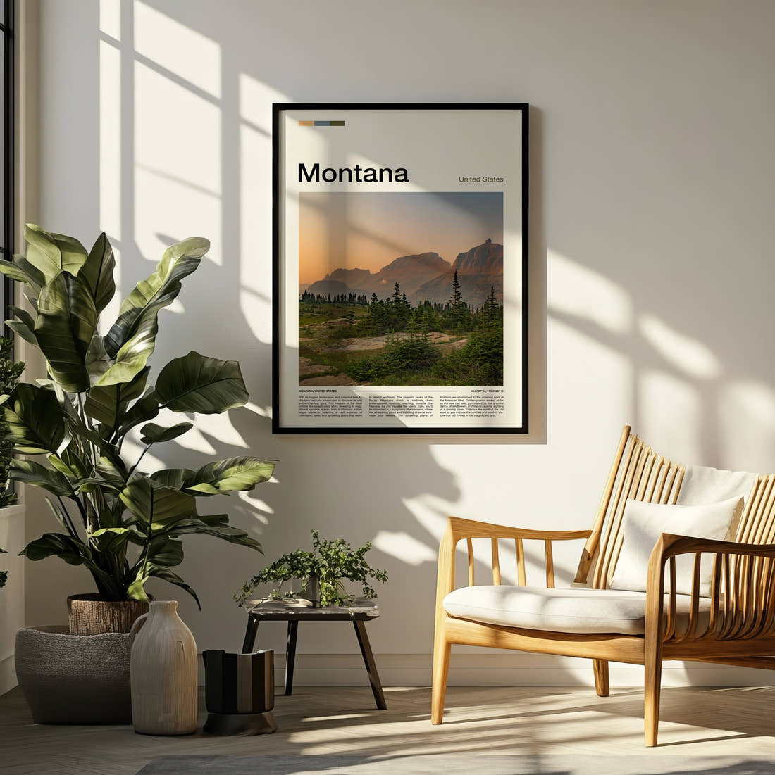 Montana Mountains At Sunset Travel Print framed on a pale wall beside houseplants