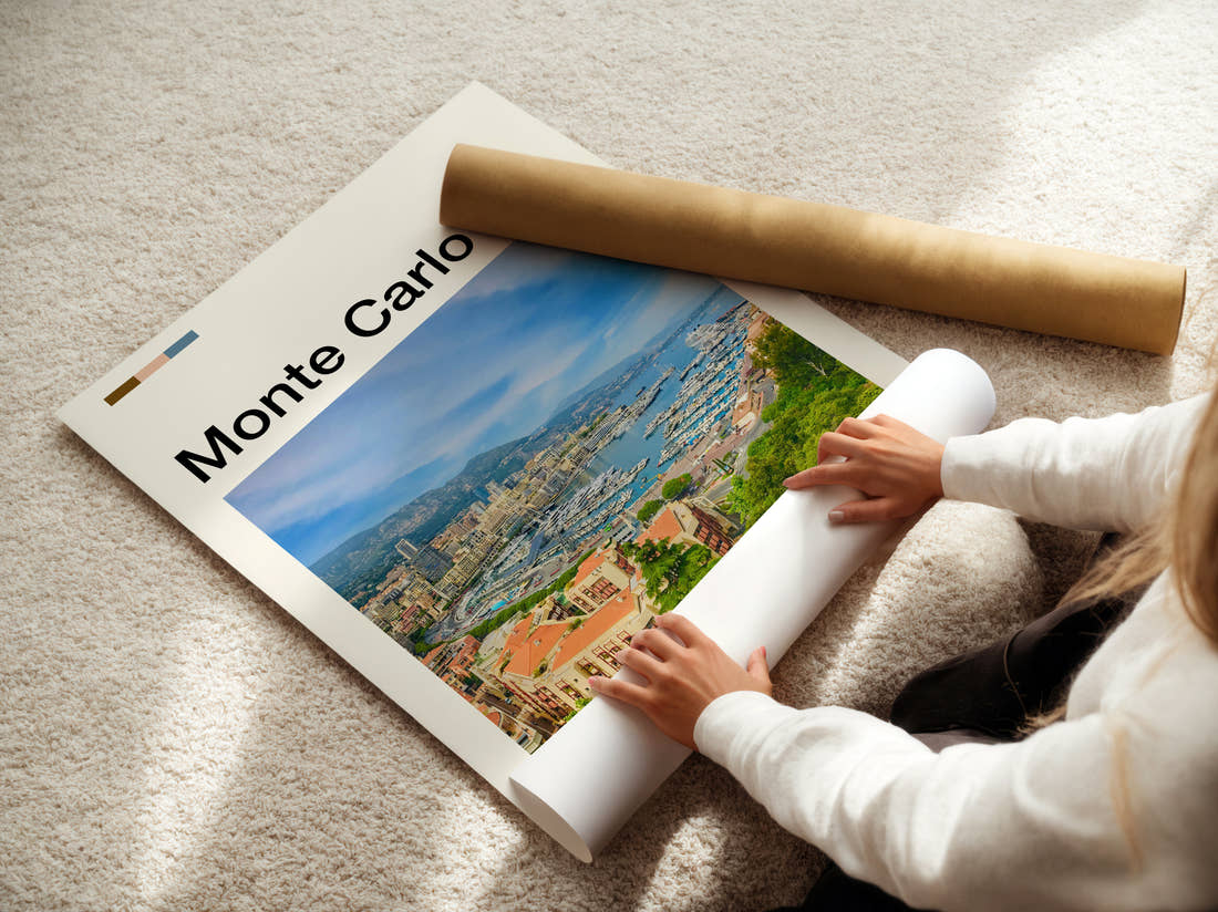 Monte Carlo Marina And Bay Travel Print being unrolled from its postal tube