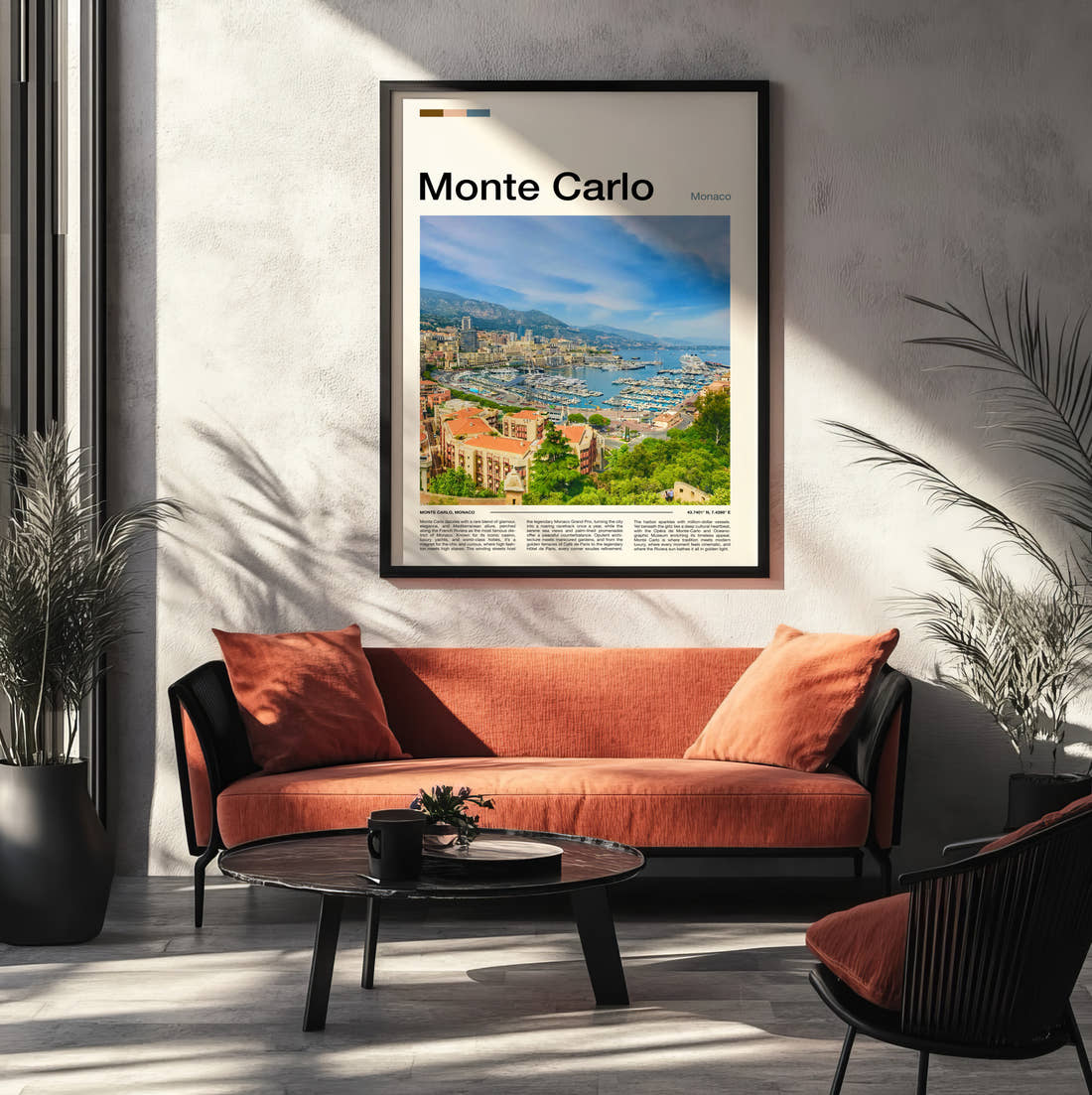 Monte Carlo Marina And Bay Travel Print framed on the wall of a modern living room