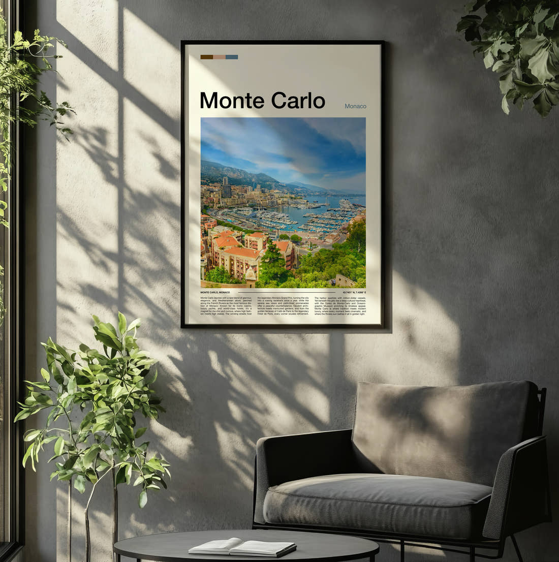 Monte Carlo Marina And Bay Travel Print framed on the wall of a relaxed living room