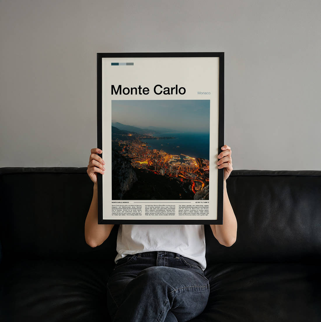 Monte Carlo Coastline At Night Travel Print held up by hand to show the size of the print