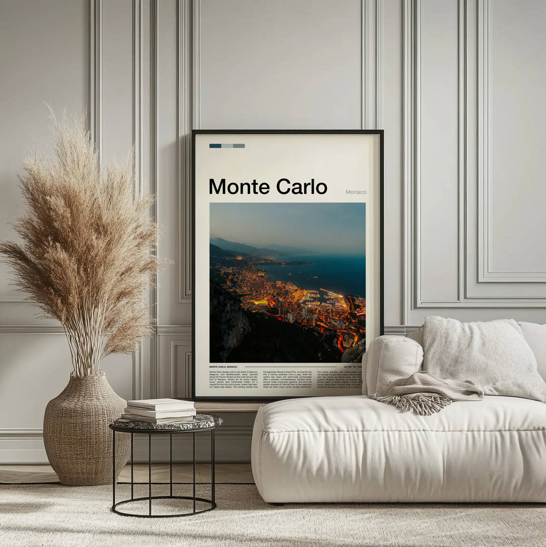Monte Carlo Coastline At Night Travel Print framed on the wall of a calm, neutral bedroom