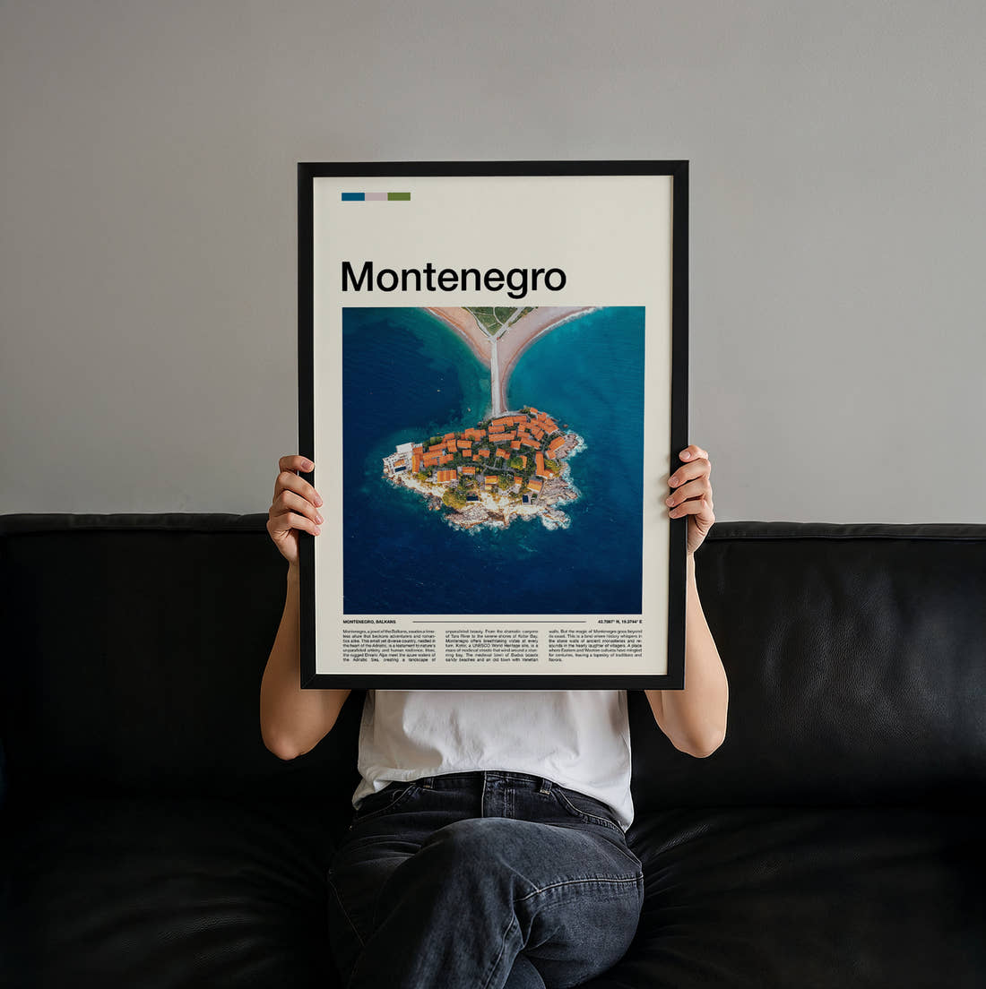 Montenegro Sveti Stefan Travel Print held up by hand to show the size of the print
