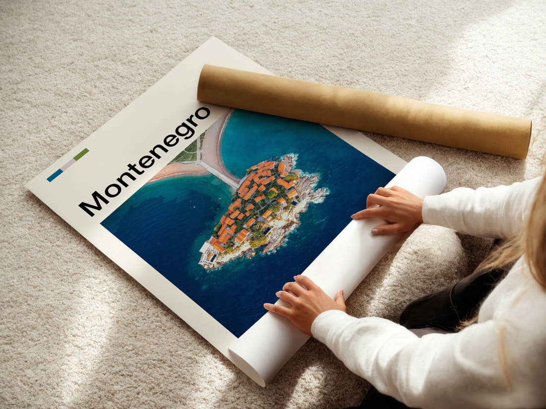 Montenegro Sveti Stefan Travel Print being unrolled from its postal tube