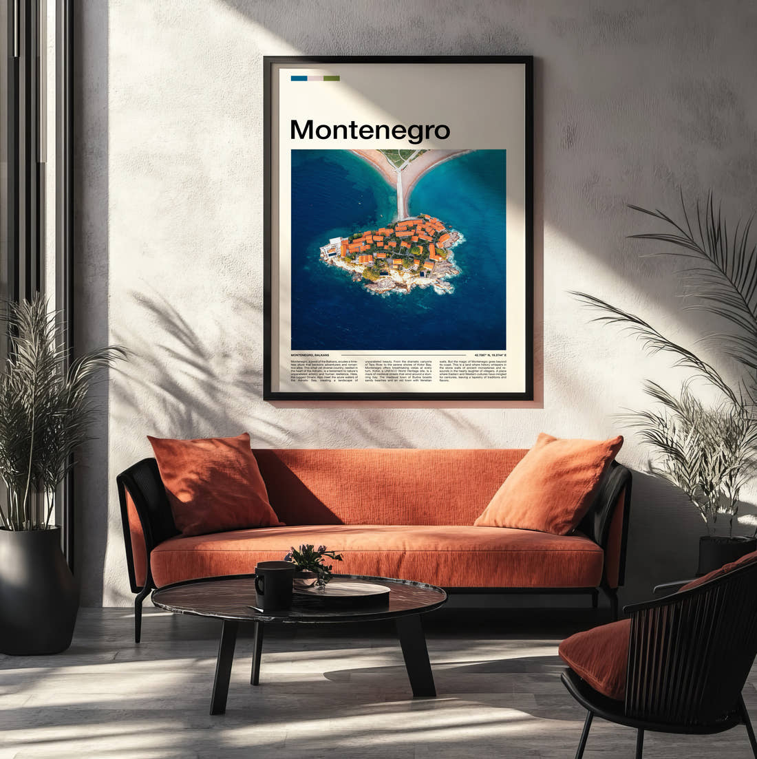 Montenegro Sveti Stefan Travel Print framed on the wall of a modern living room