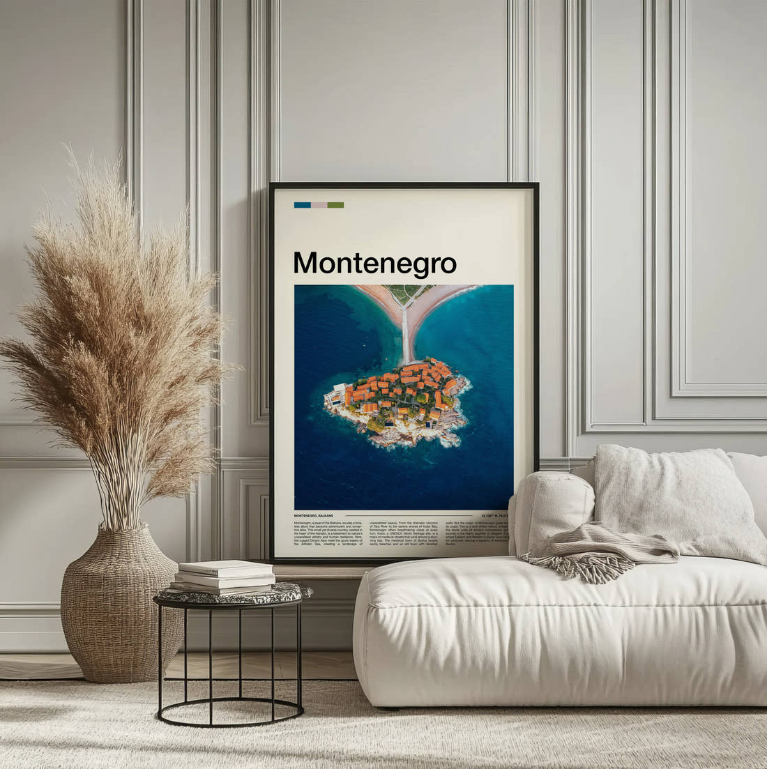 Montenegro Sveti Stefan Travel Print framed on the wall of a calm, neutral bedroom