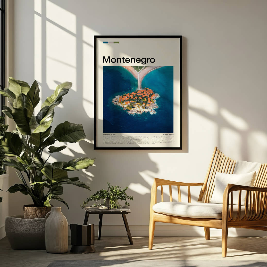 Montenegro Sveti Stefan Travel Print framed on a pale wall beside houseplants