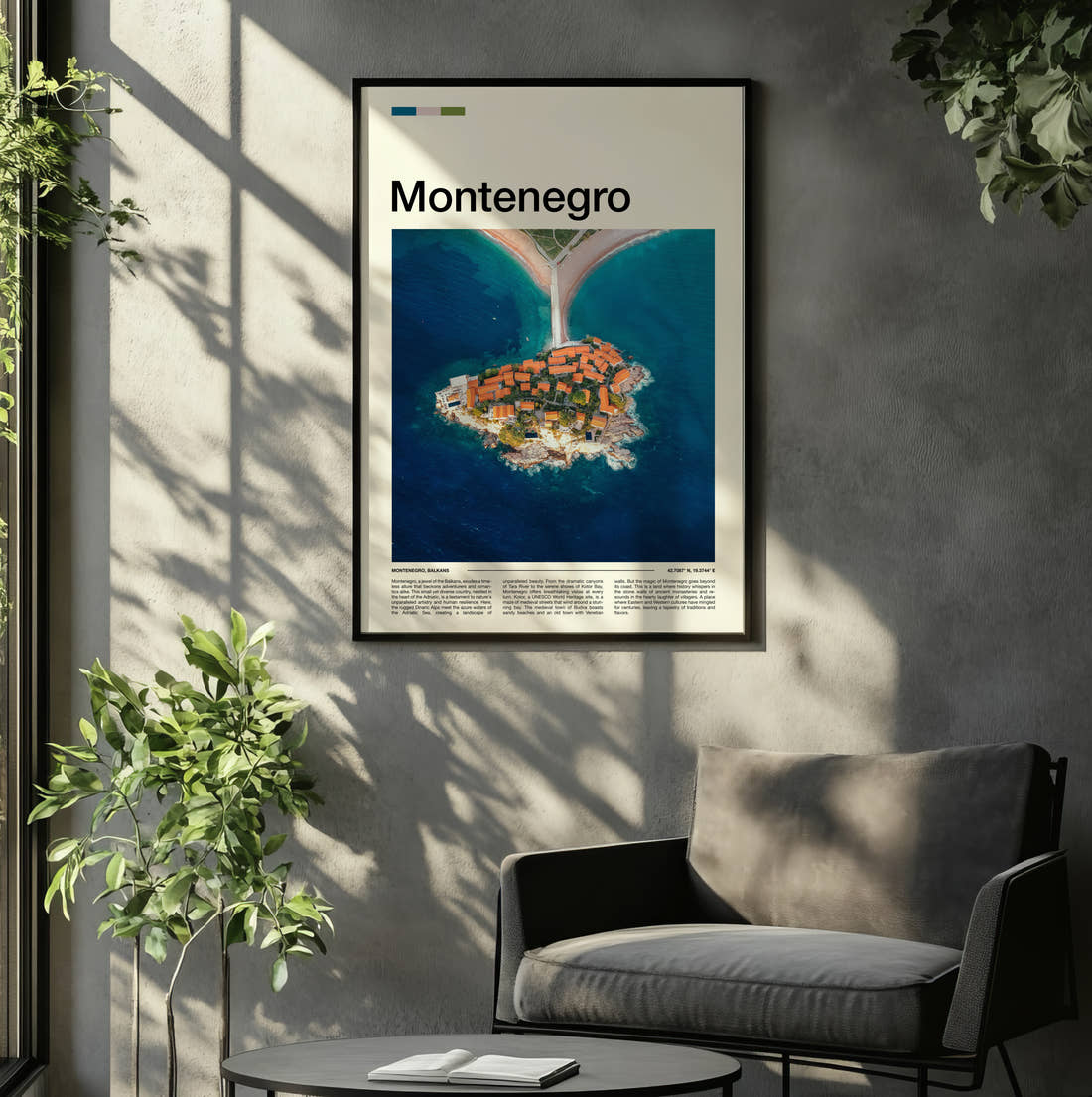 Montenegro Sveti Stefan Travel Print framed on the wall of a relaxed living room