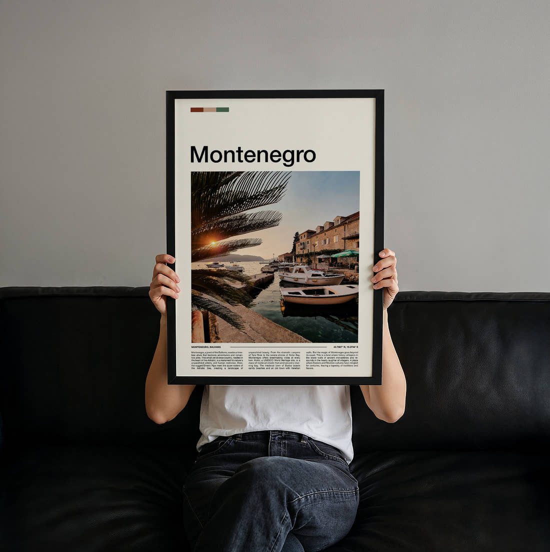 Montenegro Moored Boats At Sunset Travel Print held up by hand to show the size of the print