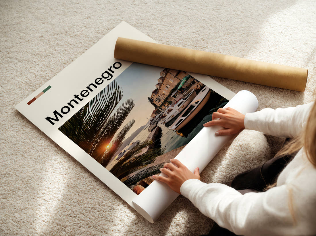 Montenegro Moored Boats At Sunset Travel Print being unrolled from its postal tube