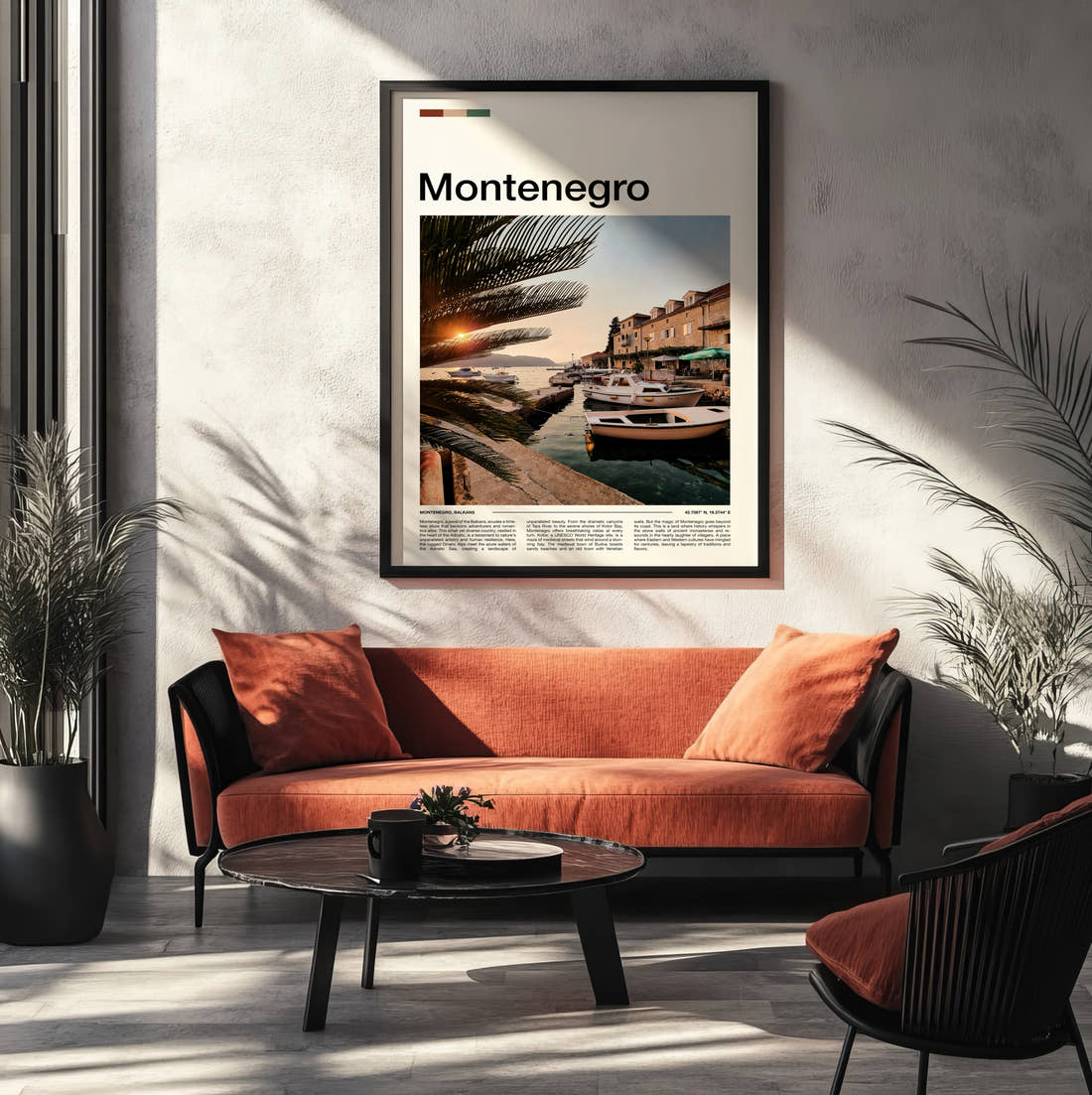 Montenegro Moored Boats At Sunset Travel Print framed on the wall of a modern living room