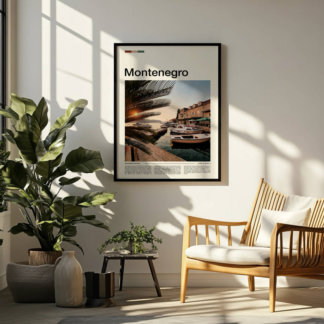 Montenegro Moored Boats At Sunset Travel Print framed on a pale wall beside houseplants
