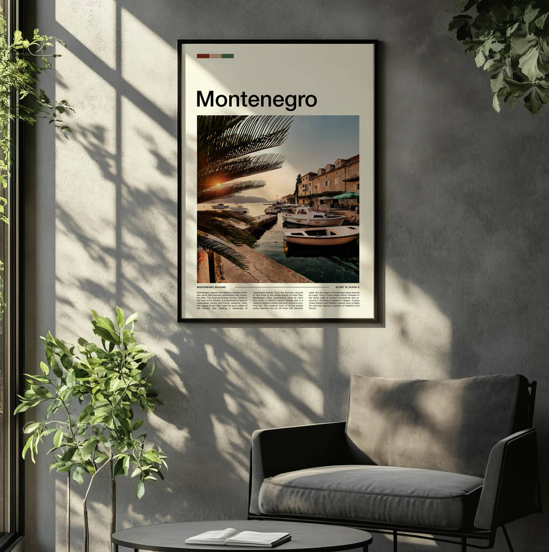 Montenegro Moored Boats At Sunset Travel Print framed on the wall of a relaxed living room