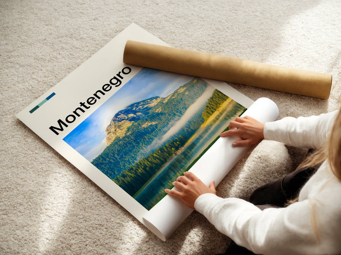 Montenegro Mountain Above The Lake Travel Print being unrolled from its postal tube