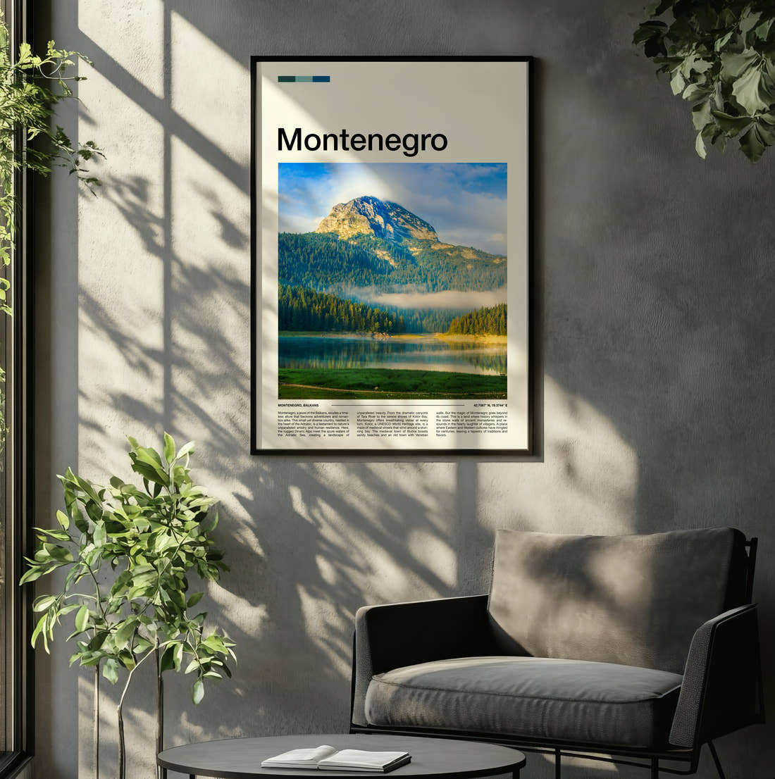 Montenegro Mountain Above The Lake Travel Print framed on the wall of a relaxed living room
