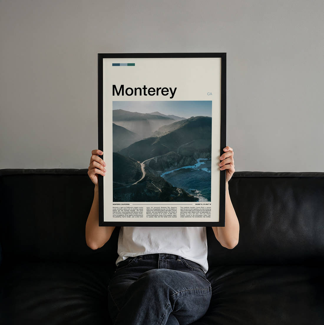 Monterey Misty Coastal Road Travel Print held up by hand to show the size of the print