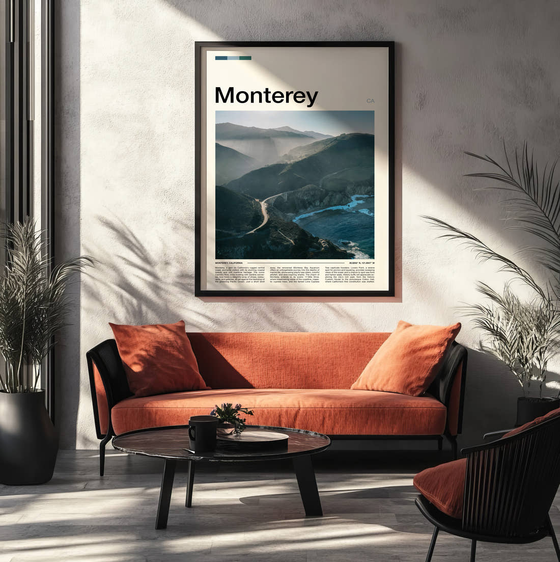 Monterey Misty Coastal Road Travel Print framed on the wall of a modern living room