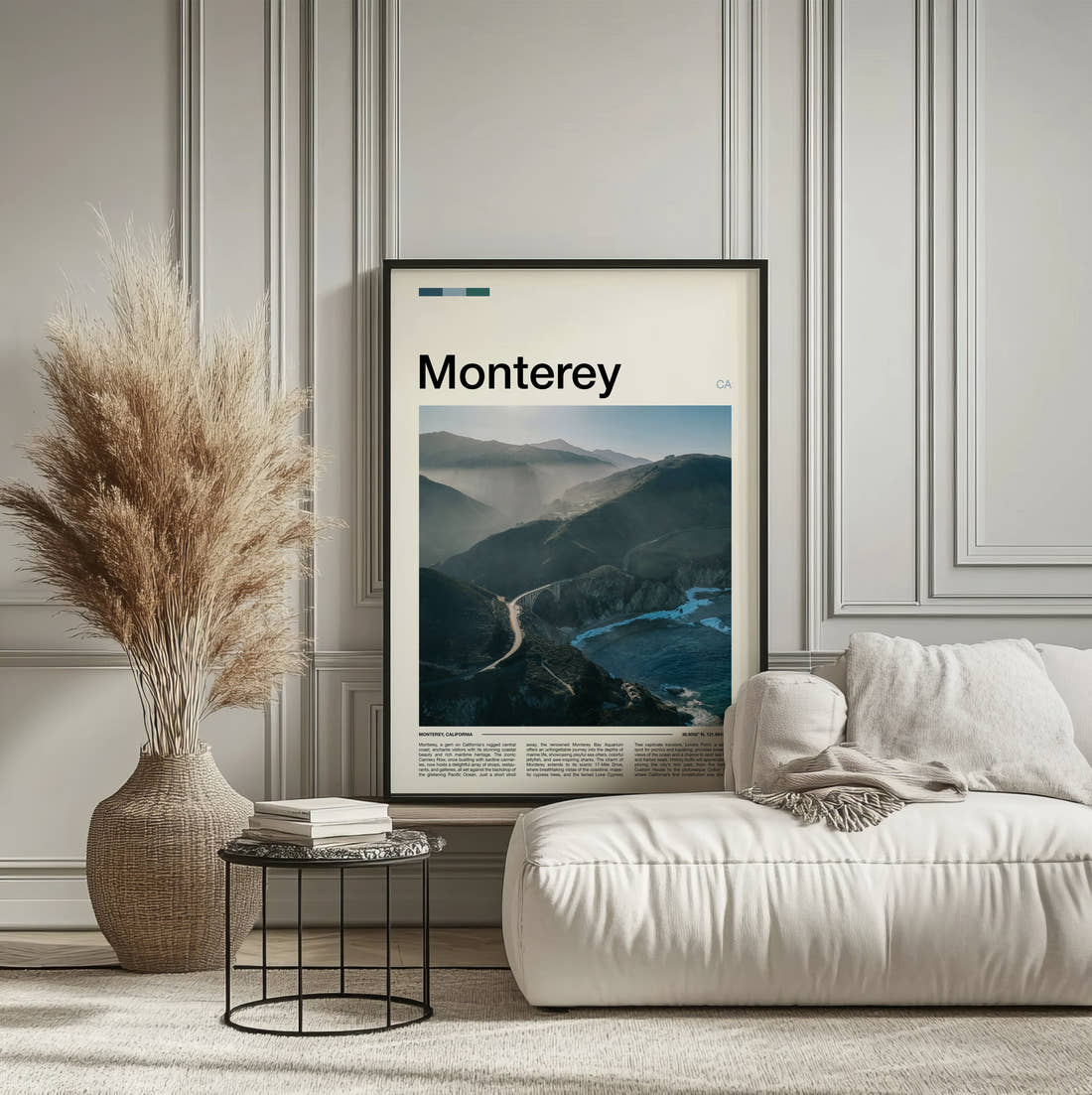 Monterey Misty Coastal Road Travel Print framed on the wall of a calm, neutral bedroom