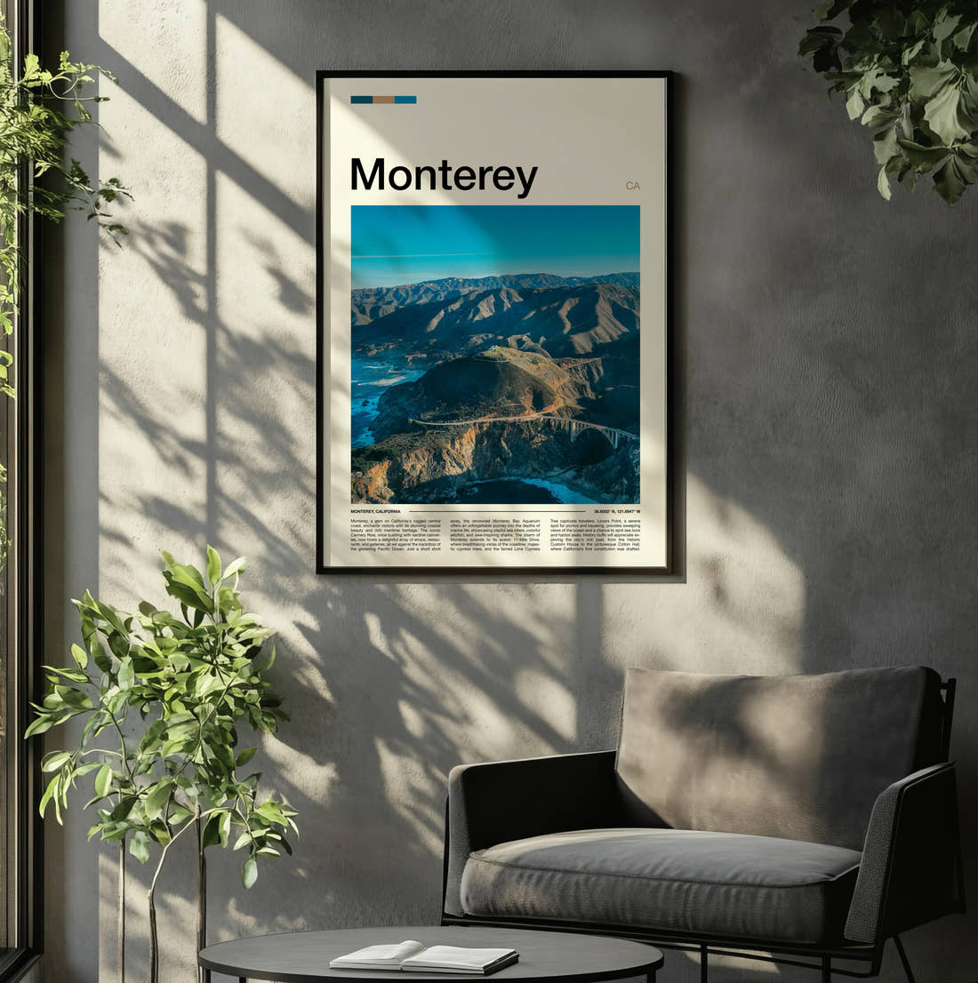 Monterey Aerial Coastal Cliffs Travel Print framed on the wall of a relaxed living room