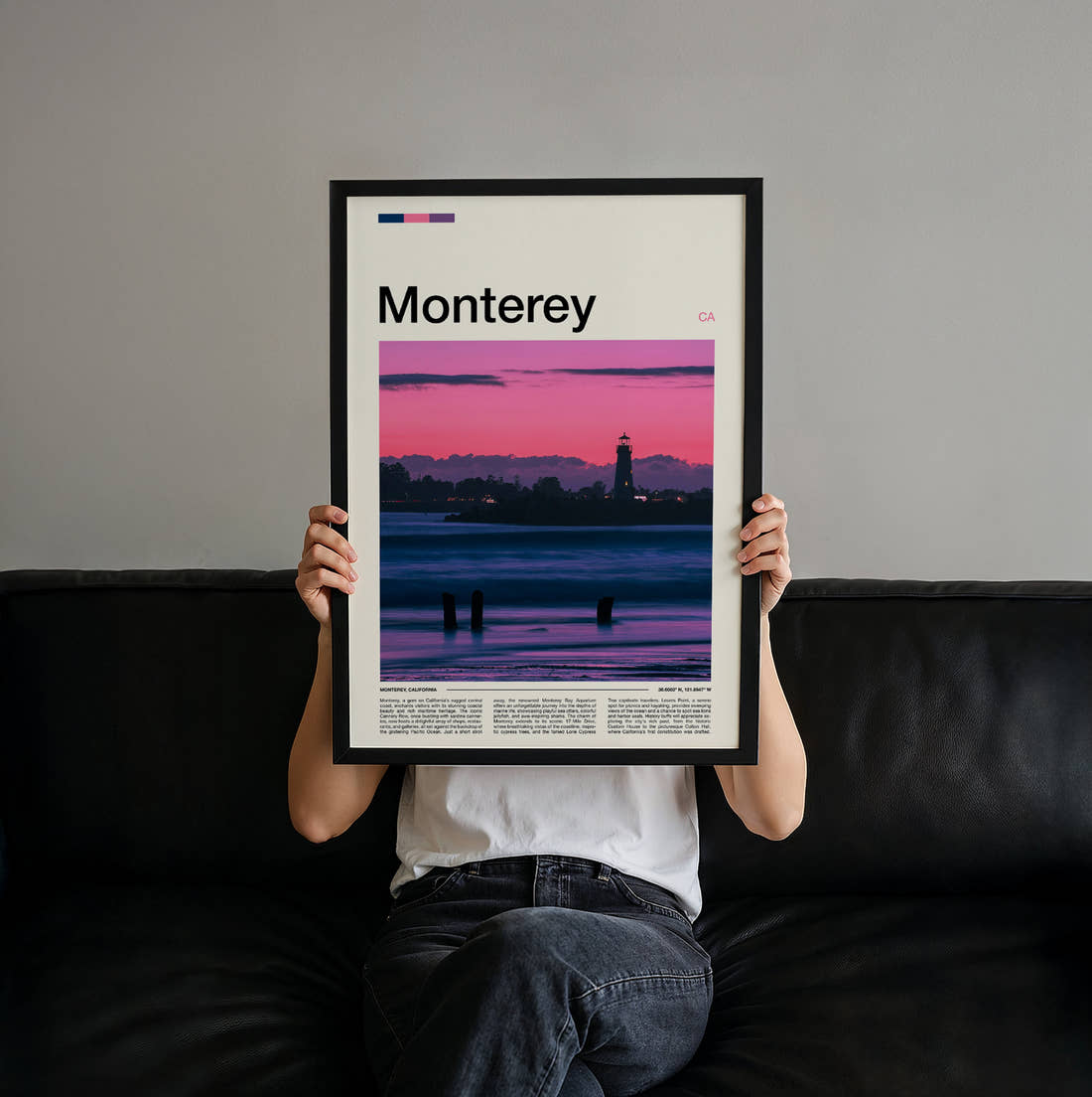 Monterey Lighthouse At Pink Dusk Travel Print held up by hand to show the size of the print