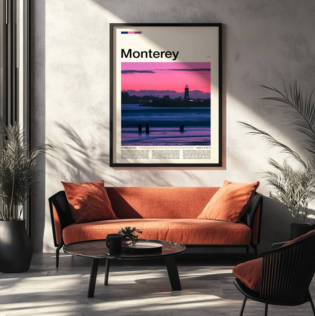 Monterey Lighthouse At Pink Dusk Travel Print framed on the wall of a modern living room