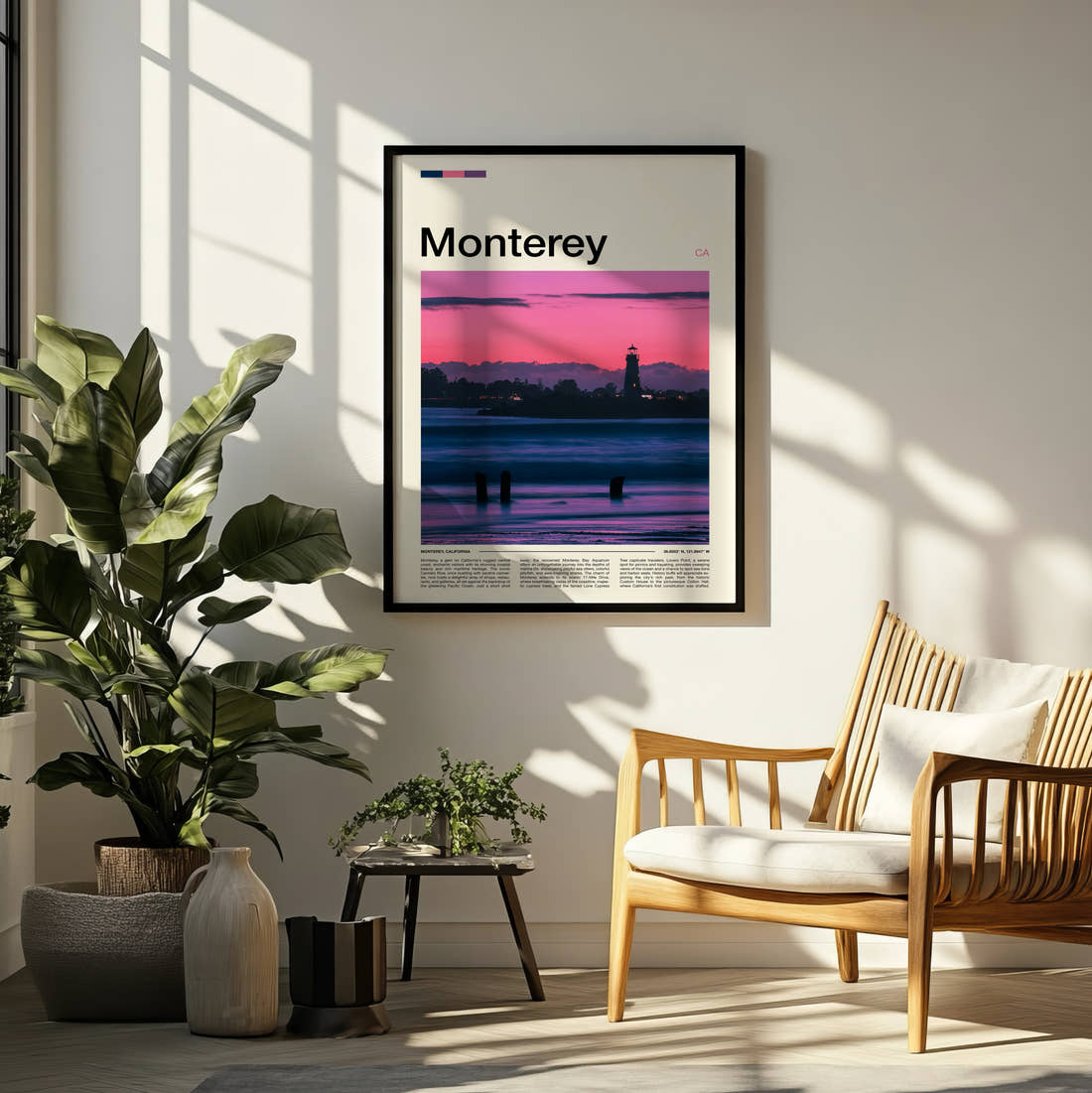 Monterey Lighthouse At Pink Dusk Travel Print framed on a pale wall beside houseplants