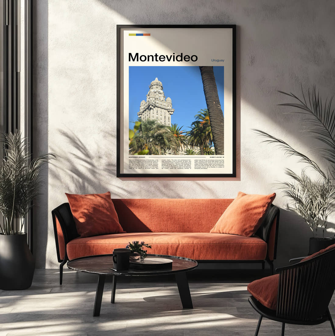 Montevideo Palacio Salvo Travel Print framed on the wall of a modern living room