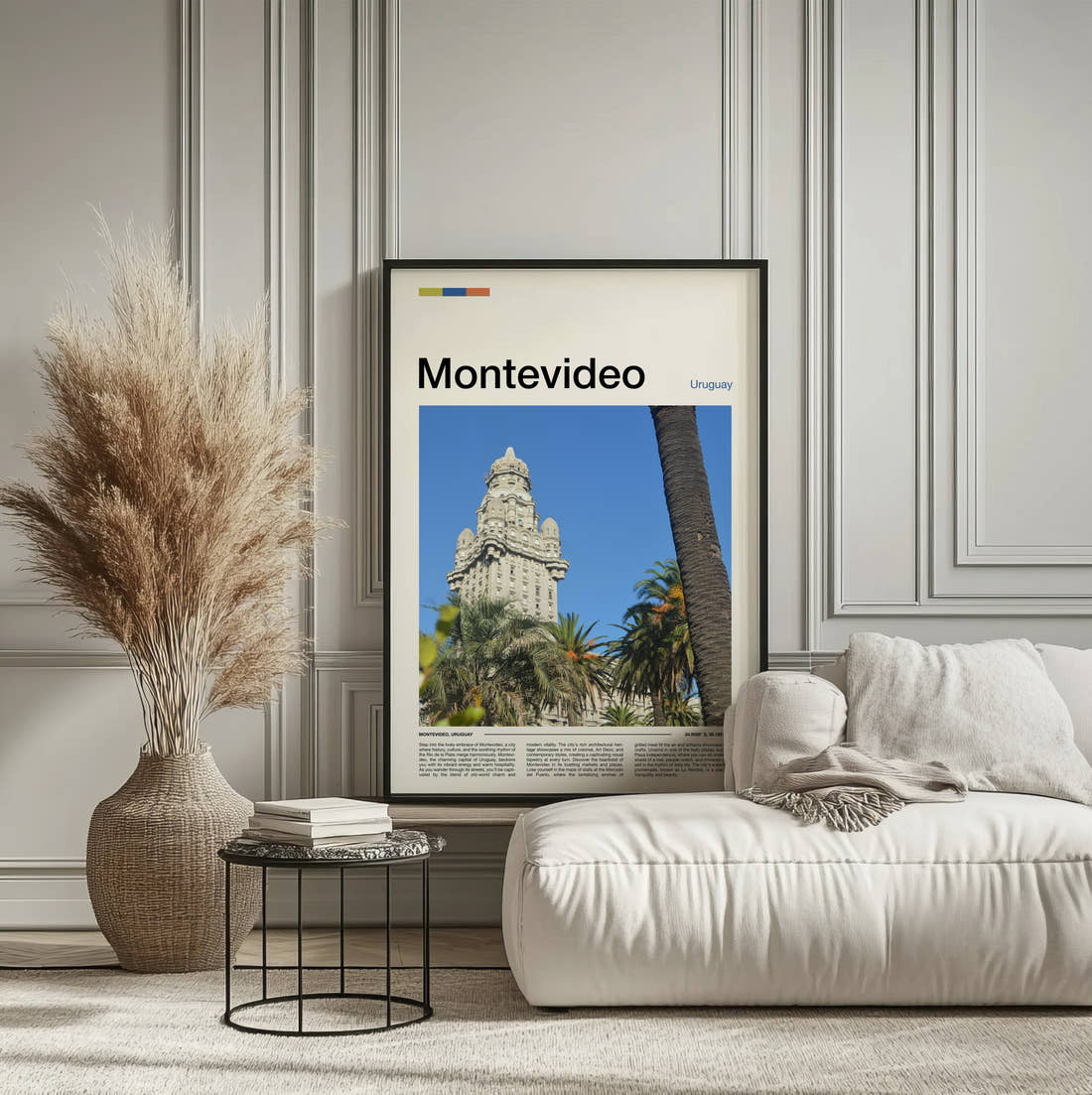 Montevideo Palacio Salvo Travel Print framed on the wall of a calm, neutral bedroom