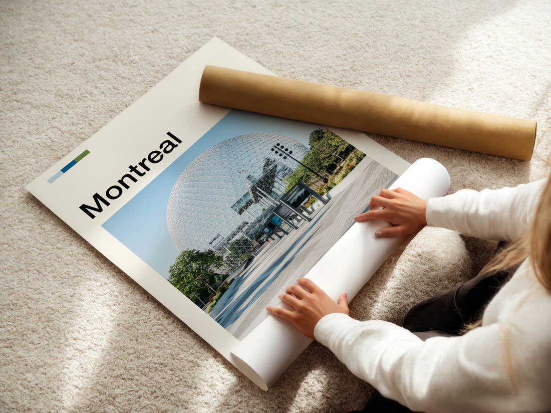 Montreal Biosphere Dome Travel Print being unrolled from its postal tube