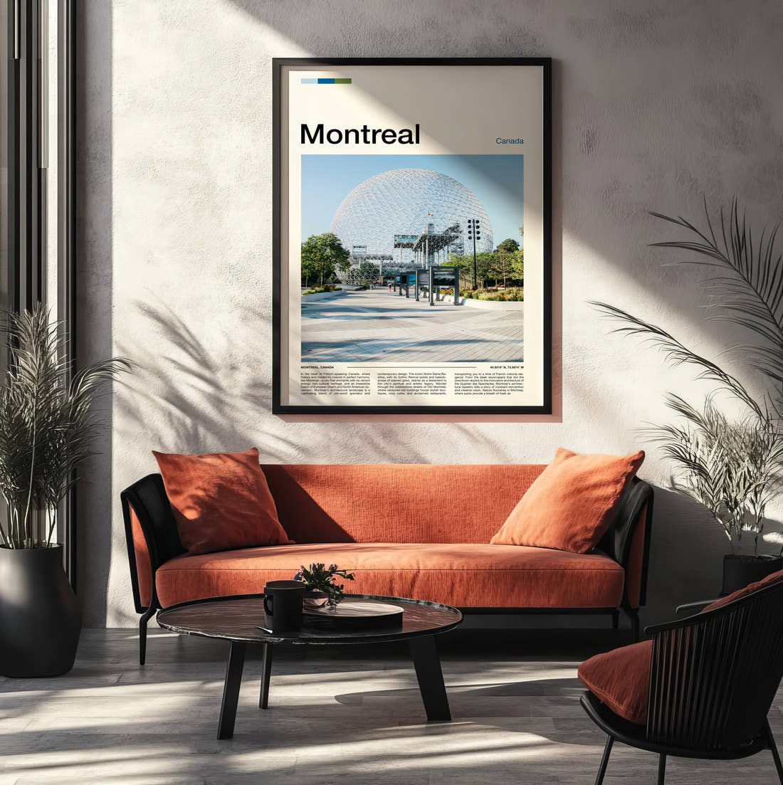 Montreal Biosphere Dome Travel Print framed on the wall of a modern living room