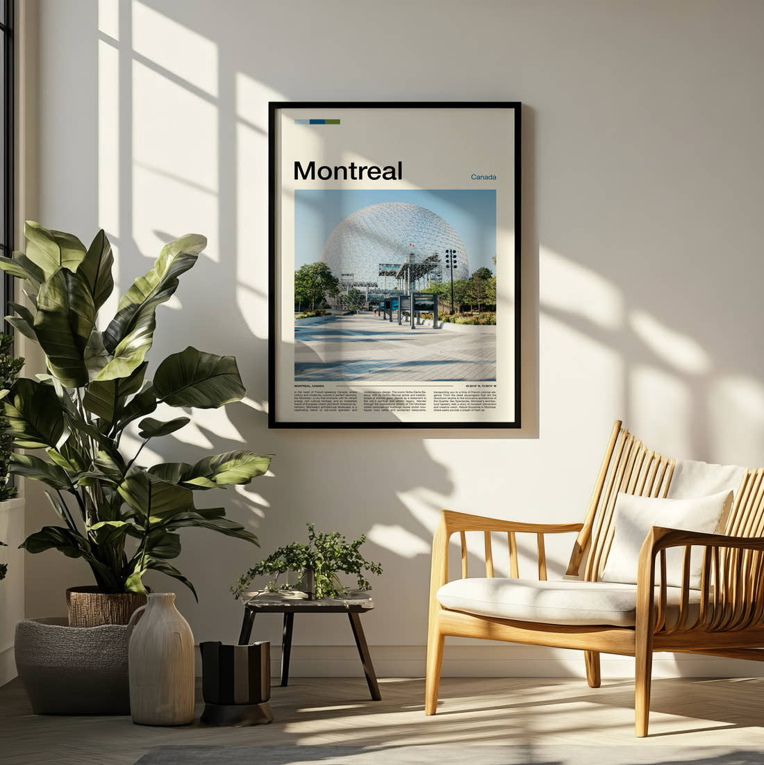 Montreal Biosphere Dome Travel Print framed on a pale wall beside houseplants