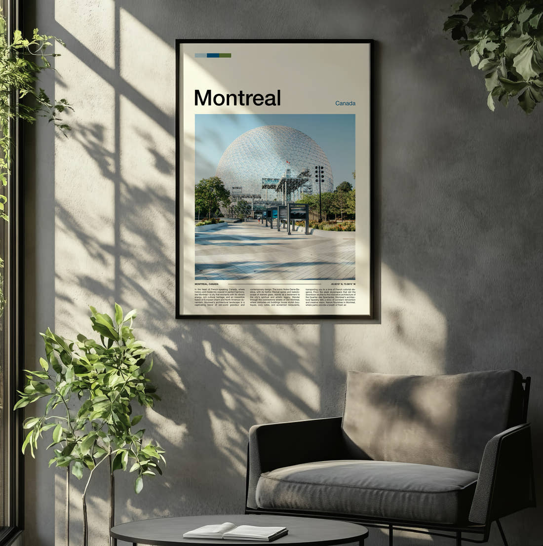 Montreal Biosphere Dome Travel Print framed on the wall of a relaxed living room