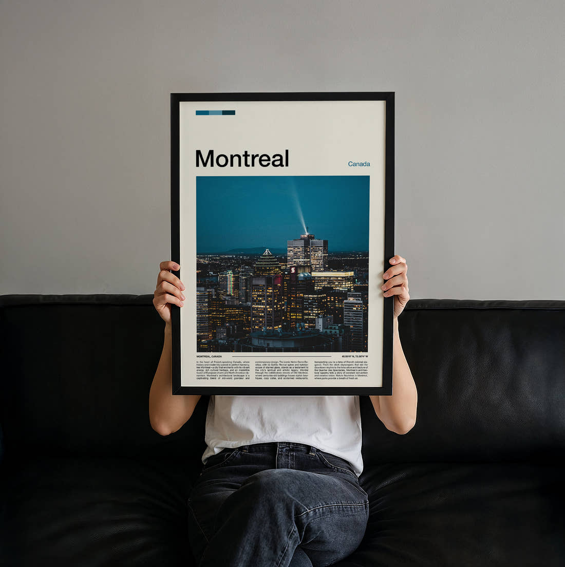 Montreal Night Skyline Travel Print held up by hand to show the size of the print