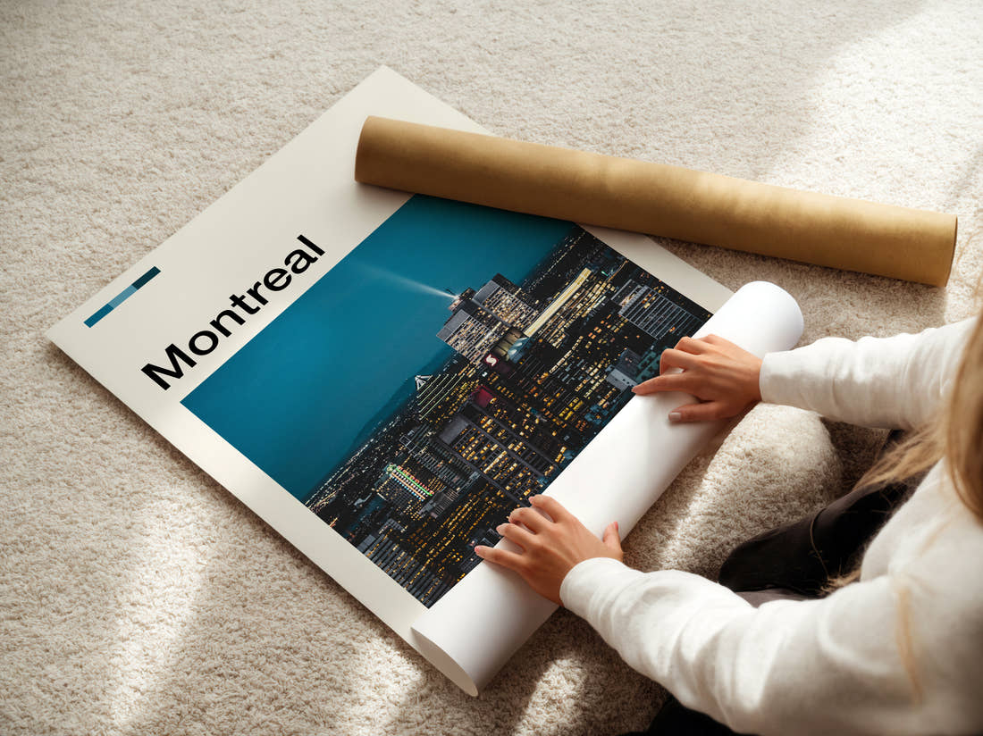 Montreal Night Skyline Travel Print being unrolled from its postal tube