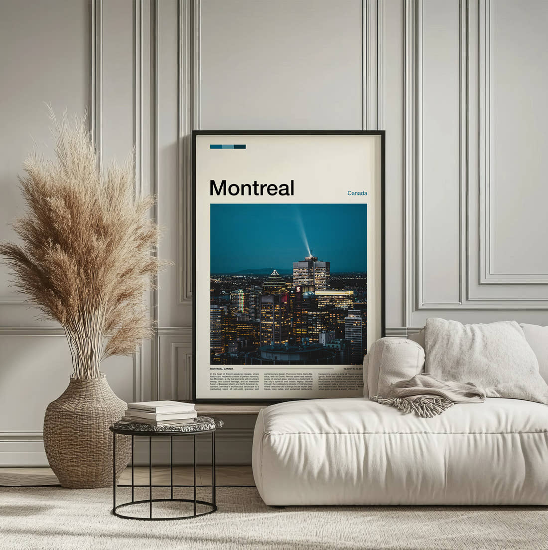 Montreal Night Skyline Travel Print framed on the wall of a calm, neutral bedroom