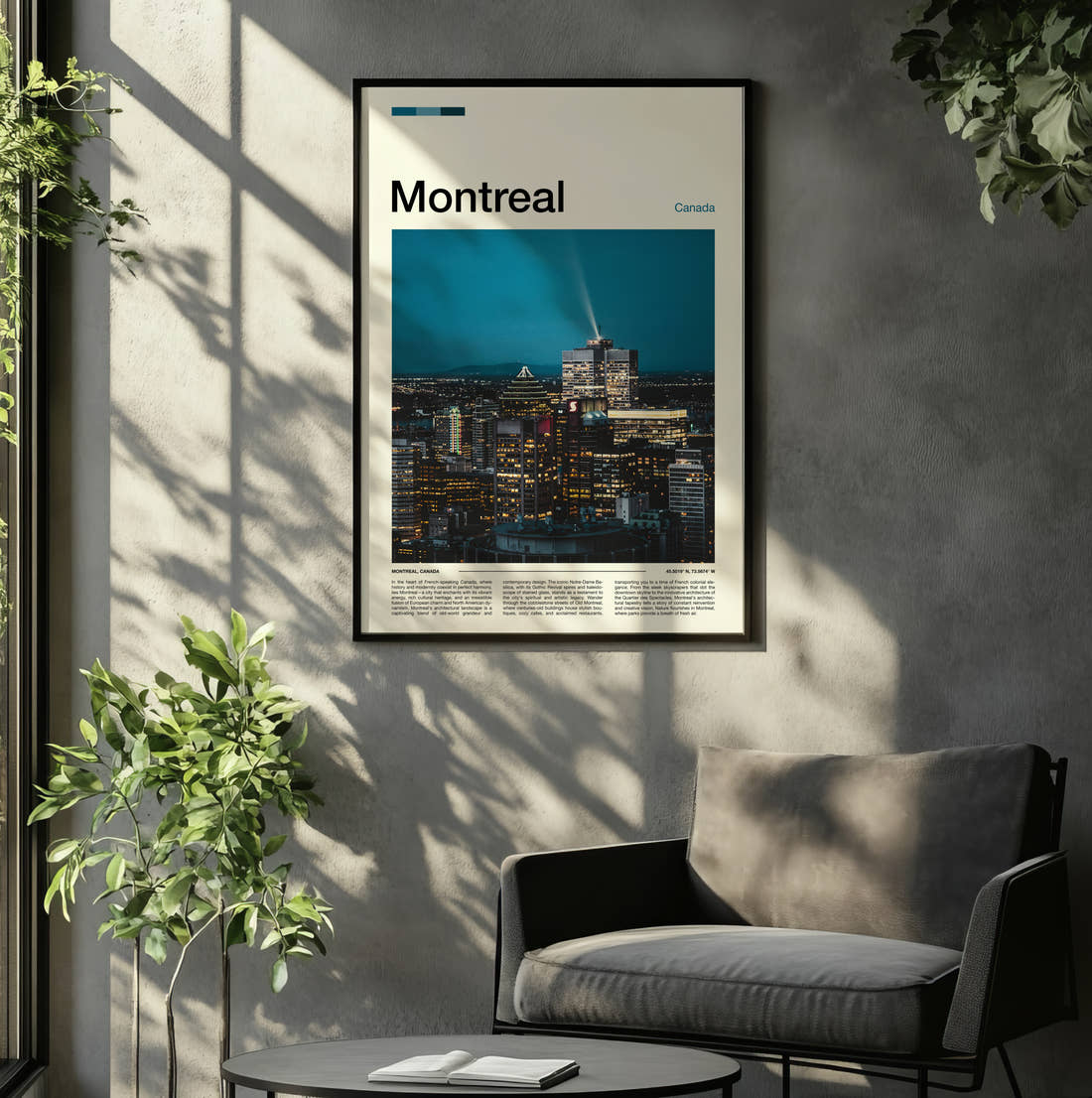 Montreal Night Skyline Travel Print framed on the wall of a relaxed living room