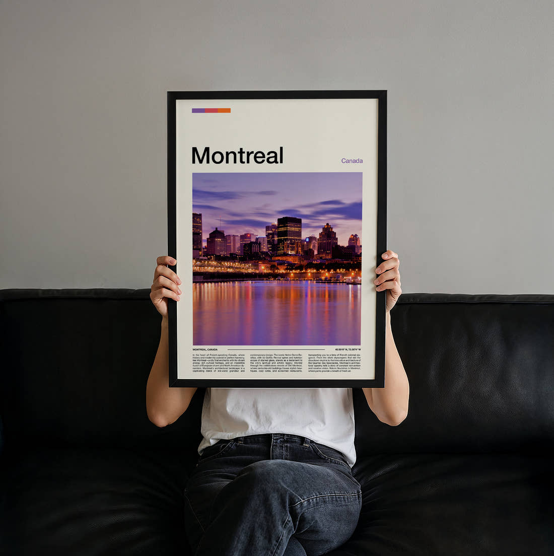 Montreal Skyline At Dusk Travel Print held up by hand to show the size of the print