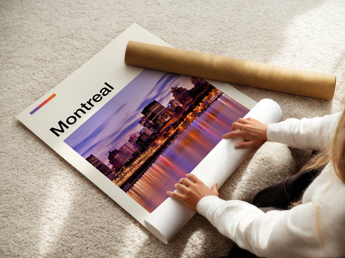 Montreal Skyline At Dusk Travel Print being unrolled from its postal tube