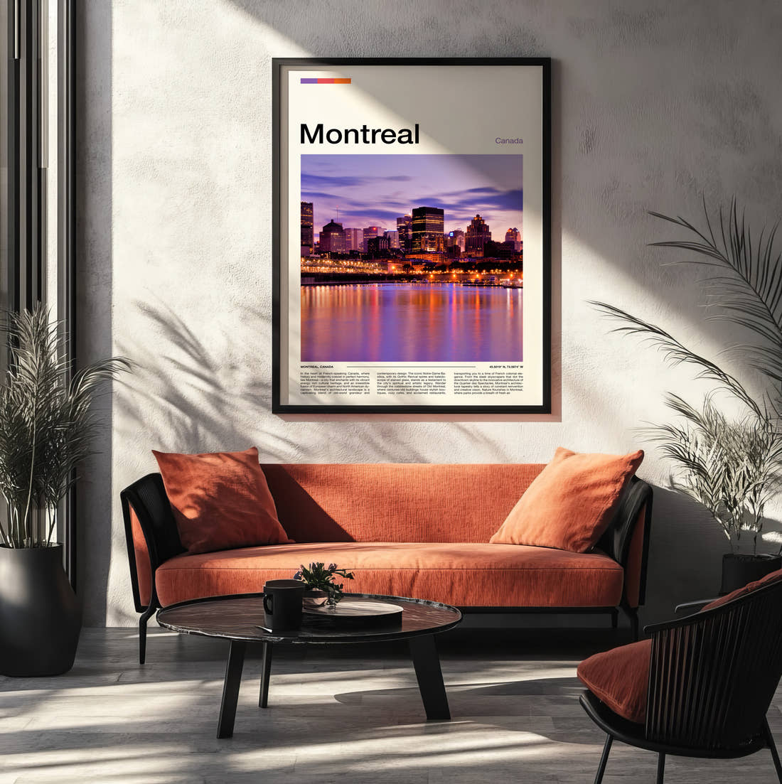 Montreal Skyline At Dusk Travel Print framed on the wall of a modern living room
