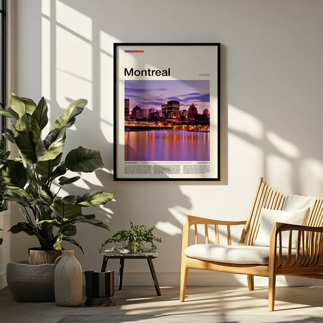 Montreal Skyline At Dusk Travel Print framed on a pale wall beside houseplants