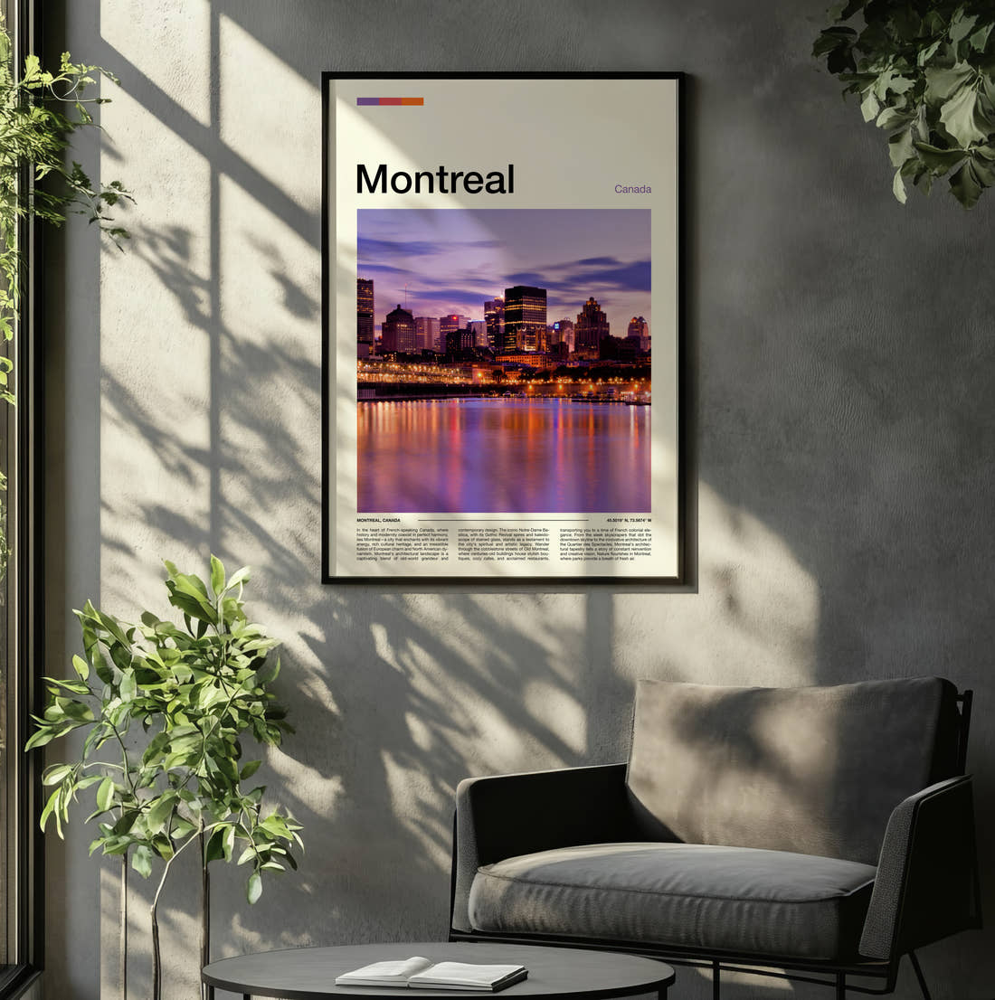 Montreal Skyline At Dusk Travel Print framed on the wall of a relaxed living room