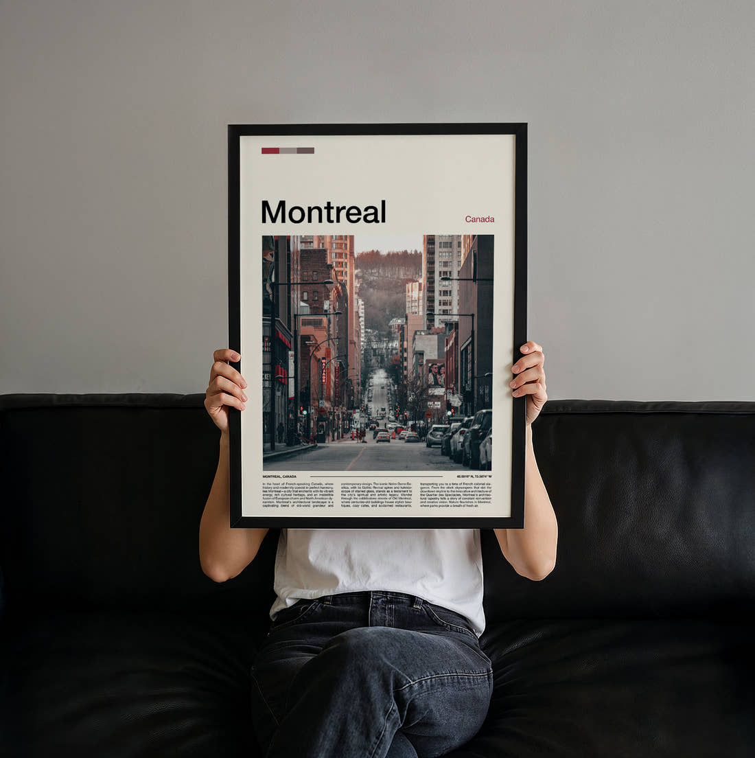 Montreal Busy City Street Travel Print held up by hand to show the size of the print
