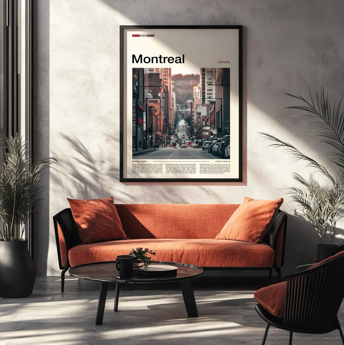 Montreal Busy City Street Travel Print framed on the wall of a modern living room