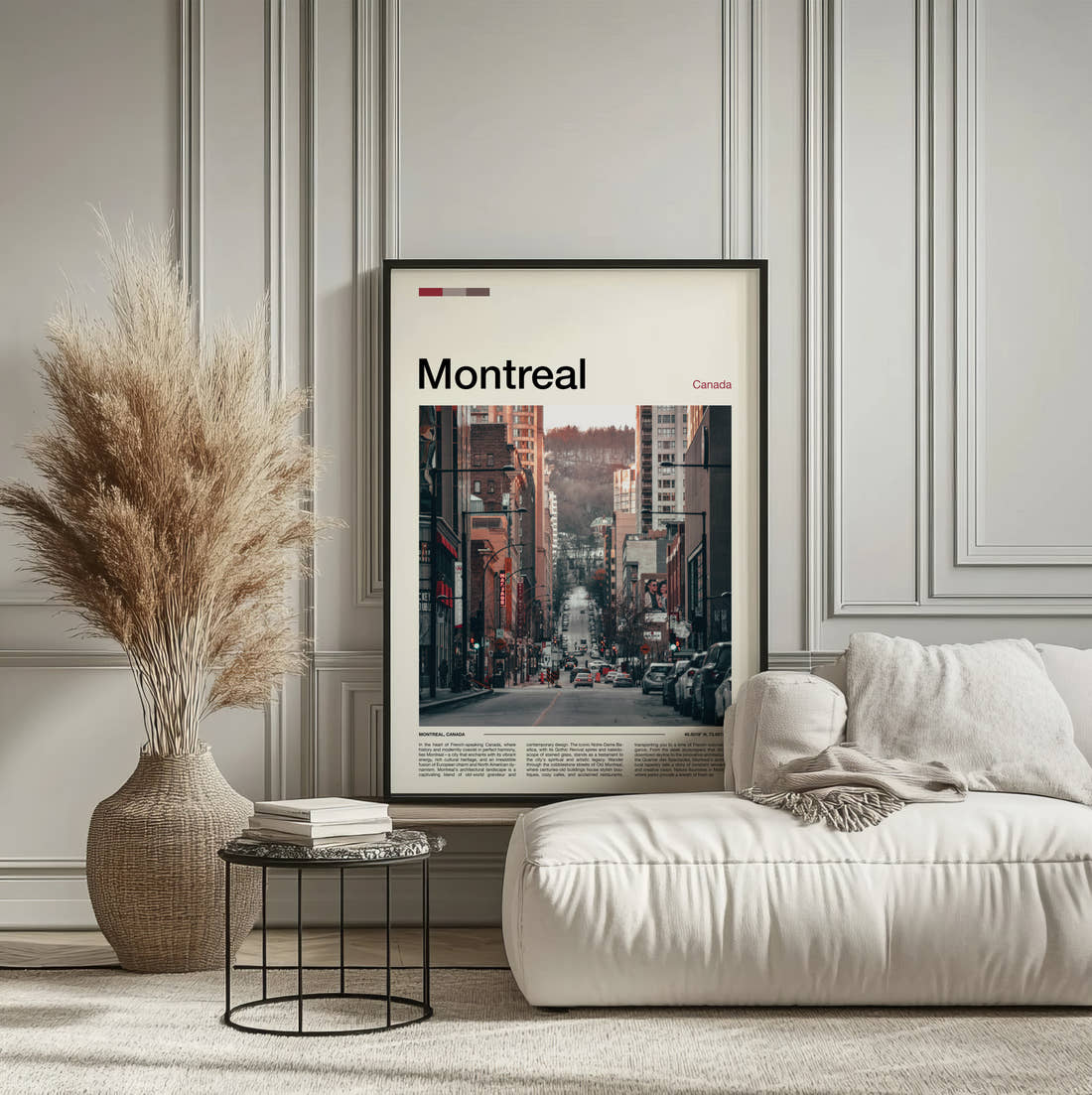 Montreal Busy City Street Travel Print framed on the wall of a calm, neutral bedroom